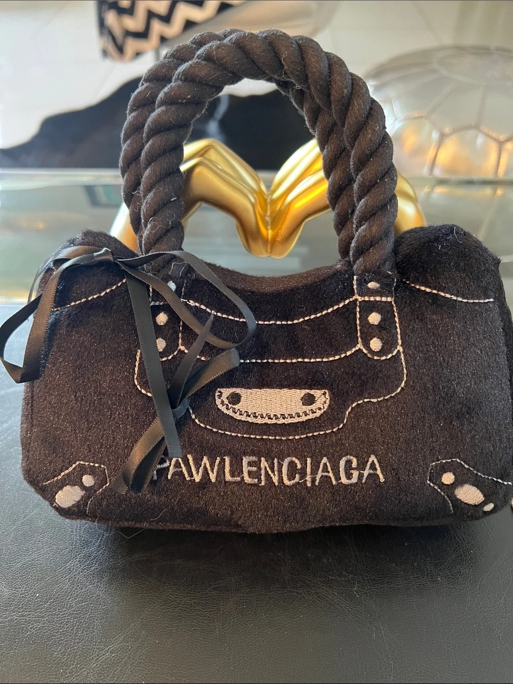 PALENCIAGA NWT Black Plush HANDBAG Dog Toy with Rope Handle for large dogs.